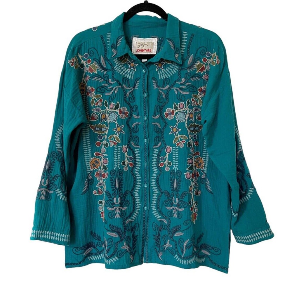 Johnny Was NWOT Merrick Embroidered Button Down Shirt Gauze Tunic Teal Green - Picture 1 of 8